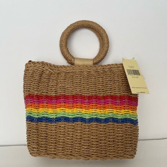 Mini Straw Handbag Rainbow Round Handles Woven Kaleidoscopic - Picture 1 of 7